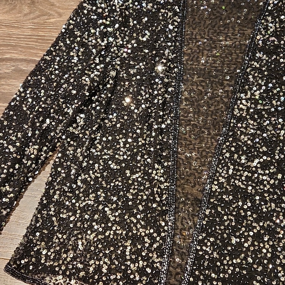 ❤️ VINTAGE ADRIANNA PAPELL BOUTIQUE EVENING BLACK SILK BEADED SEQUIN CARDIGAN, M - Picture 4 of 13